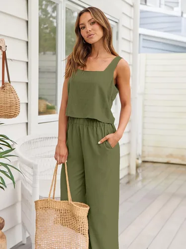 Vista 5 de AUTOMET Conjuntos de verano de 2 piezas para mujer, casuales, suaves, a juego, de dos piezas, de lino, pantalones de moda, ropa de moda