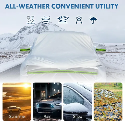 Vista 4 de La funda completa para automóvil de 6 capas es impermeable para todo tipo de clima, universal en todas las estaciones, prevención de nieve