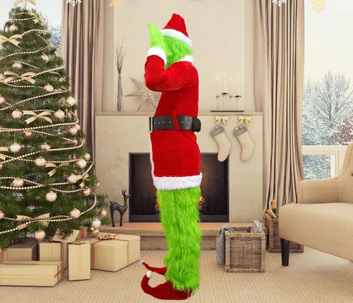 Vista 2 de Fisemira Green Monster Costume Suit Gloves, Christmas Funny 7PCS Deluxe Furry Santa Adult Men Women Decoration