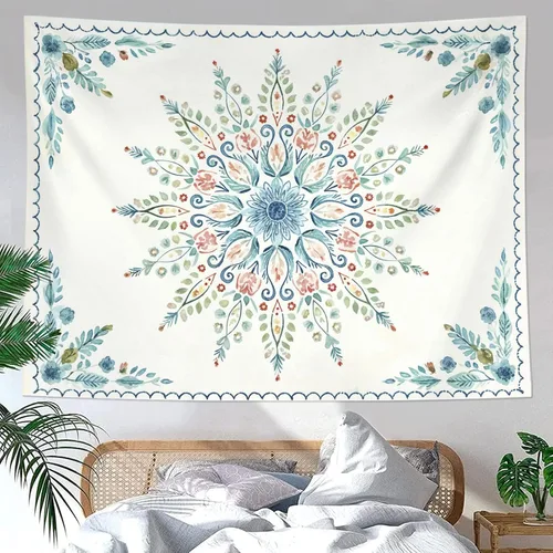 Vista 20 de Accnicc Tapiz bohemio con mandala floral para dormitorio, tapiz de pared con flores bohemias, pequeño, acuarela, azul, blanco, hippie, indio