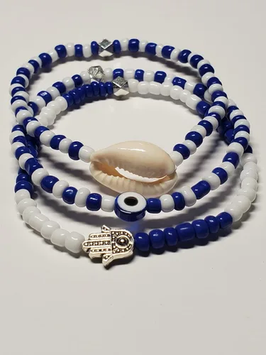 Vista 56 de 3 pcs Ilde Cowrie seashell Evil Eye Hamsa Hand Orisha Santeria Pulseras Bracelet Set
