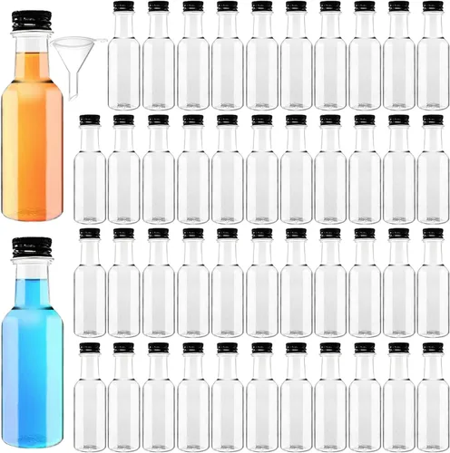 Vista 8 de Mini botellas de licor, paquete de 30 botellas herméticas de plástico con tapa negra, 1.7 onzas vacías de alcohol con 10 embudos, miniatura