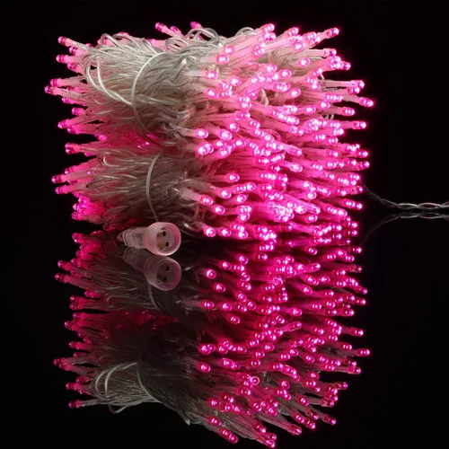 Vista 5 de YULETIME - Tira de 300 luces LED rosadas de color blanco cálido de 100 pies con adaptador de 8 modos, 4 pulgadas de espacio, cable transparente Rosa