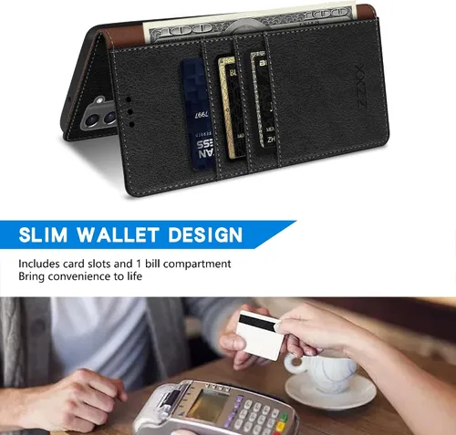 Vista 5 de ZZXX Funda tipo cartera para Samsung Galaxy S21 FE con bloqueo RFID, ranura para tarjetas, función atril, cierre magnético, funda protectora