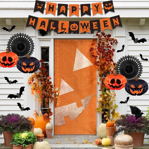 Vista 7 de Kit de decoración de fiesta de Halloween para interiores con bolas de papel de panal y abanicos, bufanda de mantel de chimenea, camino de mesa