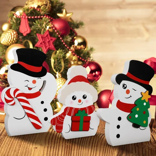 Vista 9 de Decoración de Navidad de muñeco de nieve COCHIE para interiores, lindo juego de decoración de bandeja escalonada de invierno de 3 piezas, bloques