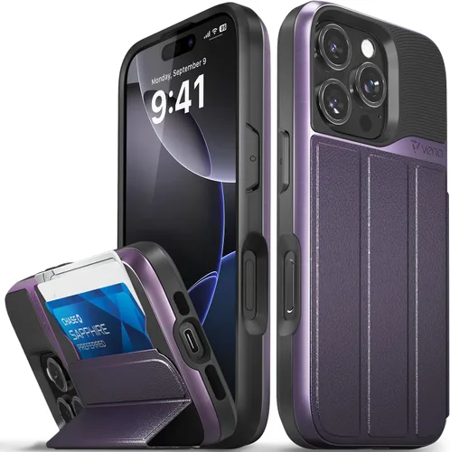 Vista 47 de VENA vCommute - Funda tipo cartera para iPhone 15, [protección contra caídas de grado militar] Funda de cuero con ranura para tarjetas con soporte