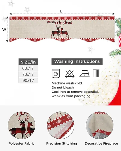 Vista 4 de Bufanda de manto de 60 x 17 pulgadas, diseño de cuadros rojos de búfalo a cuadros, alce de Navidad, chimenea, cubierta de mantel para Navidad