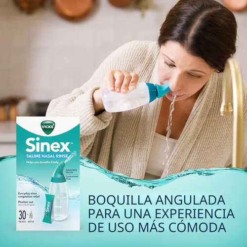 Vista 4 de Vicks Sinex - Kit de iniciación de enjuague nasal salino, solución salina sin medicamentos, elimina moco y alérgenos, alivio rápido y eficaz