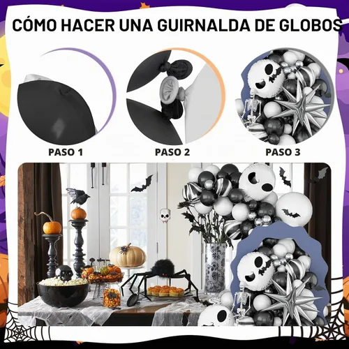 Vista 7 de Kit de arco de globos de Halloween, globos de esqueleto blanco y negro para decoración de Halloween, guirnalda de globos con estrella de explosión