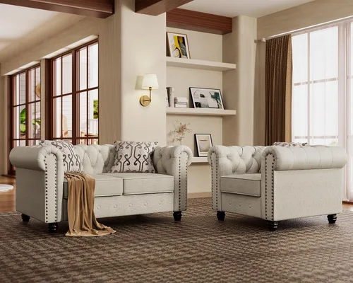 Vista 13 de Morden Fort - Juego de sillas y sofá Chesterfield clásico, con reposabrazos acolchados y patas de madera maciza, sofá cama para mascotas, cómodo