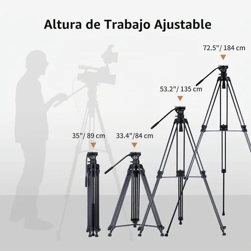 Vista 4 de Sistema de trípode de video Cayer BV30L, trípode de aluminio de doble tubo resistente de 72" con cabezal fluido K3, base plana de 75mm, carga máxima
