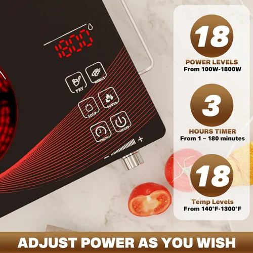 Vista 6 de Placa caliente infrarroja de 1800 W, estufa eléctrica portátil de un solo quemador con temporizador y control táctil, 18 niveles de calor, placa
