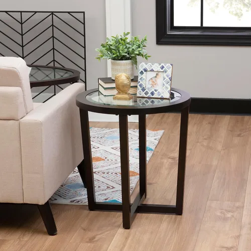 Vista 6 de Powell Marta Umber - Juego de mesa auxiliar y mesa auxiliar de madera marrón con tapa de cristal templado