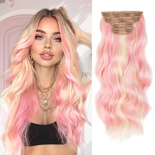 Vista 22 de Extensiones de cabello con clip de Vigorous de 20 pulgadas, con reflejos rubio playa, extensiones de cabello ondulado largo y suave de cabello