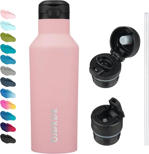 Vista 22 de BJPKPK Botella de agua aislada con pajilla, botellas de agua de acero inoxidable de 17 onzas con 2 tapas y asa de transporte, botella térmica