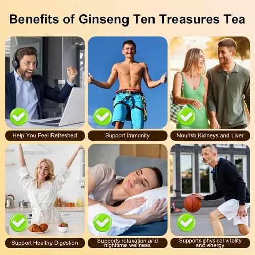 Vista 4 de Té de Ginseng Ten Treasures, mezcla avanzada de té de hierbas chinas con ginseng, goji, dátiles rojos y 7 hierbas más, fórmula más completa que