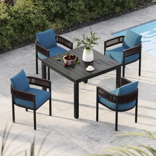 Vista 27 de Juego de comedor al aire libre Grand Patio de 5 piezas para 4, sillas de patio fijas de mimbre tejido metálico con cojines engrosados y 1 mesa