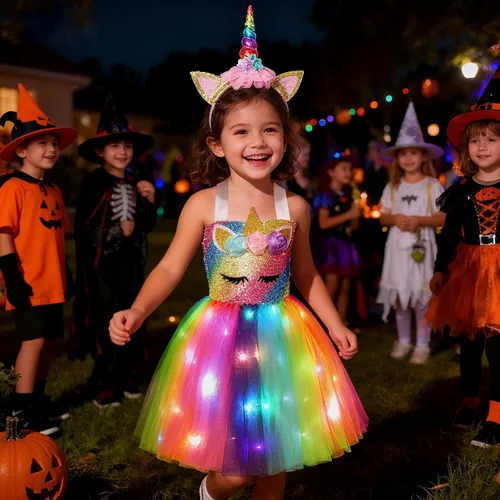 Vista 5 de Disfraz de unicornio para niñas con luz LED, tutú de princesa para disfraz de Halloween, regalo de cumpleaños y Navidad Arco iris profundo+ala