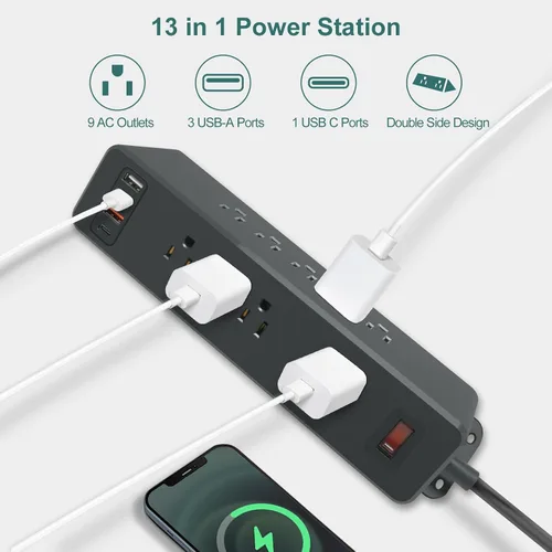 Vista 2 de Regleta de alimentación de montaje en pared de 9 salidas con USB C HdcTek Extensor de salida de doble cara, puertos USB-A de carga rápida y 1 puerto