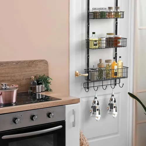 Vista 2 de YBING Organizador Sobre Puerta con Ganchos 3 Niveles Toallero Trasero Cestas de Metal Estantes de Almacenamiento Colgante para Dormitorio Baño Negro