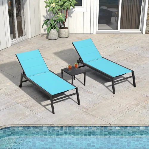 Vista 13 de PURPLE LEAF Juego de 2 tumbonas de aluminio para patio al aire libre con ruedas y mesa auxiliar, tumbona de piscina para jardín al aire libre, junto