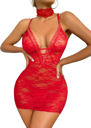 Vista 7 de Avidlove - Lencería de encaje para mujer, vestido camisón tipo babydoll con cuello halter Negro