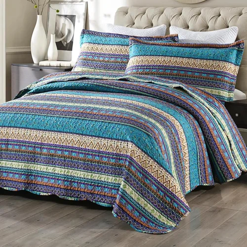 Vista 2 de MarCielo Juego de ropa de cama bohemia, colcha acolchada de 3 piezas, azul, King, poliéster