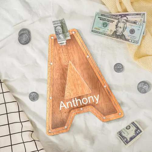 Vista 2 de Alcancías con nombre personalizado para niños, alcancía de letras personalizadas, banco de dinero del alfabeto de madera, regalos para niños