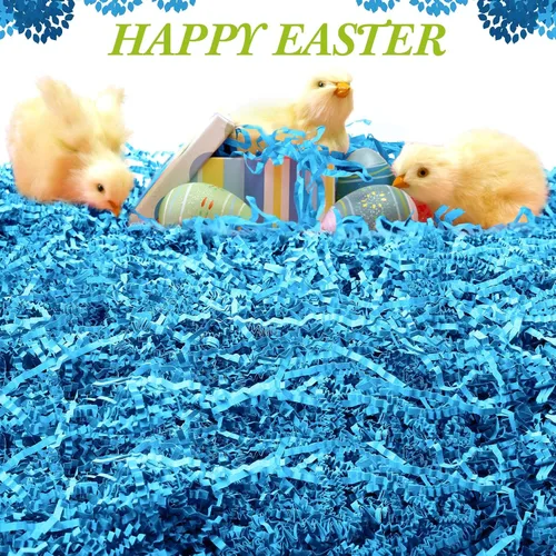 Vista 7 de Outus Papel de corte arrugado azul de 0.5 libras, papel triturado para cesta de regalo, tejido de hierba para graduación, Pascua, boda, cumpleaños
