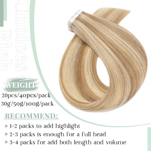 Vista 3 de Extensiones de cabello humano con cinta adhesiva invisible, sin costuras, doble cara, extensiones de cabello humano recto natural de Remy