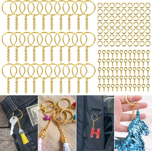 Vista 8 de PAXCOO - Kit de anillos para manualidades dorados, incluye 100 llaveros divididos con cadena, 100 anillos de salto y 100 pines de ojo de tornillo