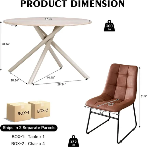 Vista 2 de Juego de mesa de comedor redonda de 47 pulgadas para 4, mesa redonda moderna de cocina, patas cruzadas de metal recubierto con 4 sillas de comedor