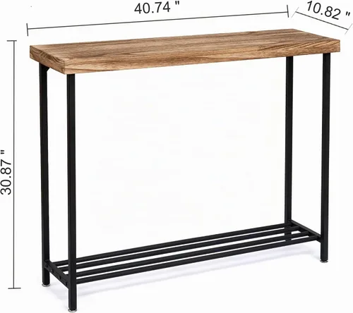 Vista 2 de Acovy Mesa consola industrial de madera maciza, mesa de entrada de 2 niveles con estantes de almacenamiento, mesa de sofá estrecha para sala