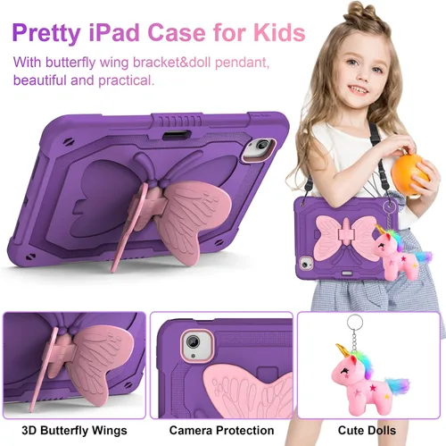 Vista 5 de Funda para iPad Air de 5ª/4ª generación con protector de pantalla, para iPad Pro de 11 pulgadas, con correa de soporte de mariposa, muñecos y Púrpura