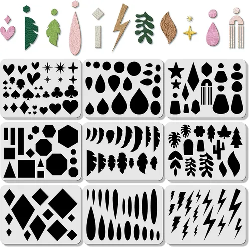Vista 2 de ORIGACH 9 Piezas Plantilla Grande Reutilizable para Hacer Pendientes Plantillas de Pendientes de Cuero, Plantilla de Corte de Plástico
