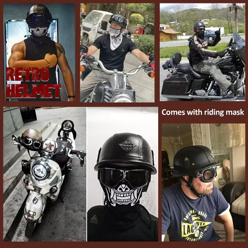 Vista 5 de Casco de motocicleta de cuero alemán SWSAL de cara media, 100% aprobado por DOT/ECE, casco de media carátula con gafas, casco retro de cara abierta