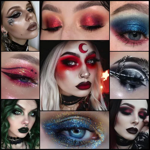 Vista 5 de Paleta de sombras de ojos roja y negra, maquillaje gótico rojo de Halloween Paleta de sombras de ojos negra con brillo plateado y purpurina, crema