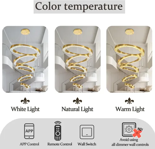 Vista 6 de Flashing God Lámpara de Araña Grande para Techo Alto, Lámpara de Araña de Cristal Moderna de 5 Anillos para Entrada, Accesorios de Iluminación