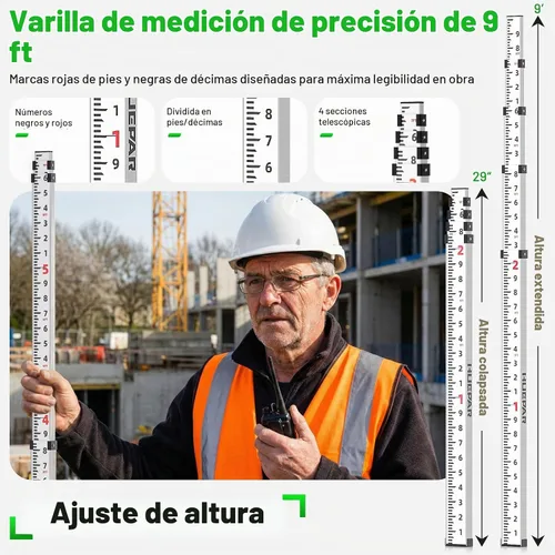 Vista 2 de Huepar Varilla de aluminio de 9 pies de grado -10th 4 secciones telescópicas con nivel de burbuja - Bolsa de transporte suave impermeable incluida