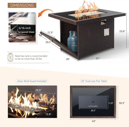 Vista 5 de NICESOUL Mesa de Hoguera de Mimbre para Exteriores de Gas Natural/Propano, Mesa de Hoguera Rectangular de 43'' para Exteriores, Mesas de Chimenea