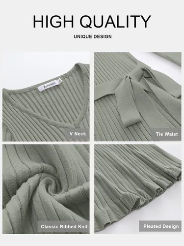 Vista 5 de ANRABESS Vestido tipo suéter de manga larga con cuello en V para mujer, plisado, ajustado, acanalado, de punto, con cinturón