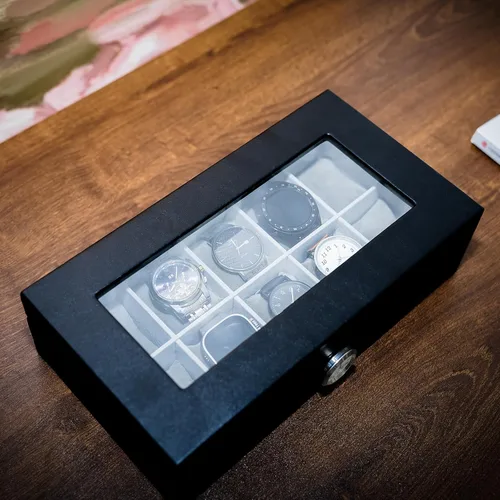Vista 3 de Caja de reloj con 10 ranuras de vidrio transparente para hombres y mujeres, exquisito almacenamiento de reloj negro con piel sintética superior