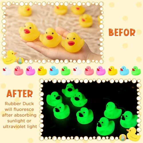 Vista 4 de 24 patos de goma que brillan en la oscuridad de 2.2 pulgadas, mini pato de goma fluorescente, juguetes flotantes para tina de bebé, fiestas