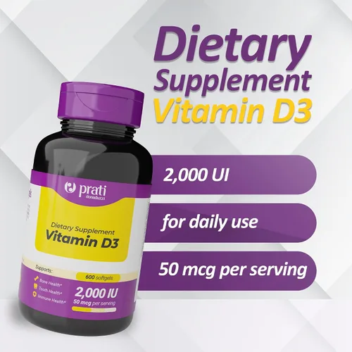 Vista 2 de Prati Donaduzzi Vitamina D3 2,000 UI (50 mcg) cápsulas blandas 600 unidades - Suplemento diario de sol para apoyo óseo y dental - Suministro