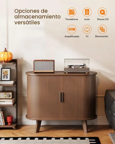 Vista 6 de Soporte para tocadiscos, mueble moderno de mediados de siglo con puertas correderas, gabinete de estantería de audio-video, soporte de medios