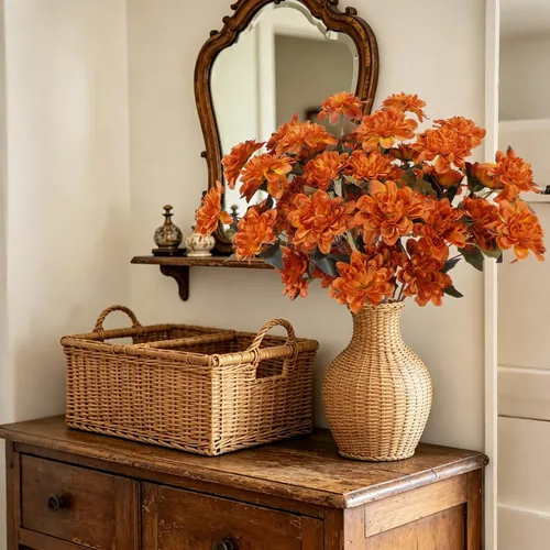Vista 4 de Ramo de flores artificiales de dalia de seda naranja quemada, arreglo de flores de imitación para mamá, decoración de terracota, flores falsas