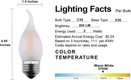Vista 3 de Bombilla LED para candelabro, base común E26, 2 W regulable, punta de llama de carcasa de vidrio esmerilado, blanco cálido 2700 K, 200 lúmenes