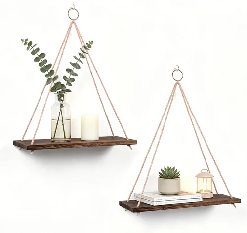 Vista 10 de Juego de 2 estantes colgantes de pared, estilo bohemio, triangular, acabado de madera, montaje en pared, 2 estantes, sala de estar, dormitorio