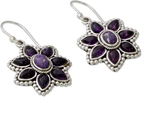 Vista 2 de NOVICA Aretes colgantes hechos a mano de plata de ley 925 con amatista compuesto turquesa reconstituido, morado, indio, piedra natal floral ultra